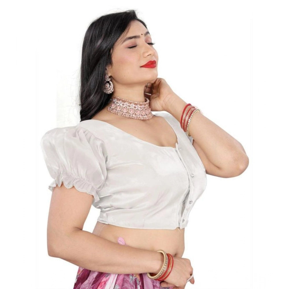 Women's Jimmy Solid Designer Neck Elastic Sleeve Readymade Blouse (White 38 , Alterable up to 42)-PID65836 - VANSHELLE