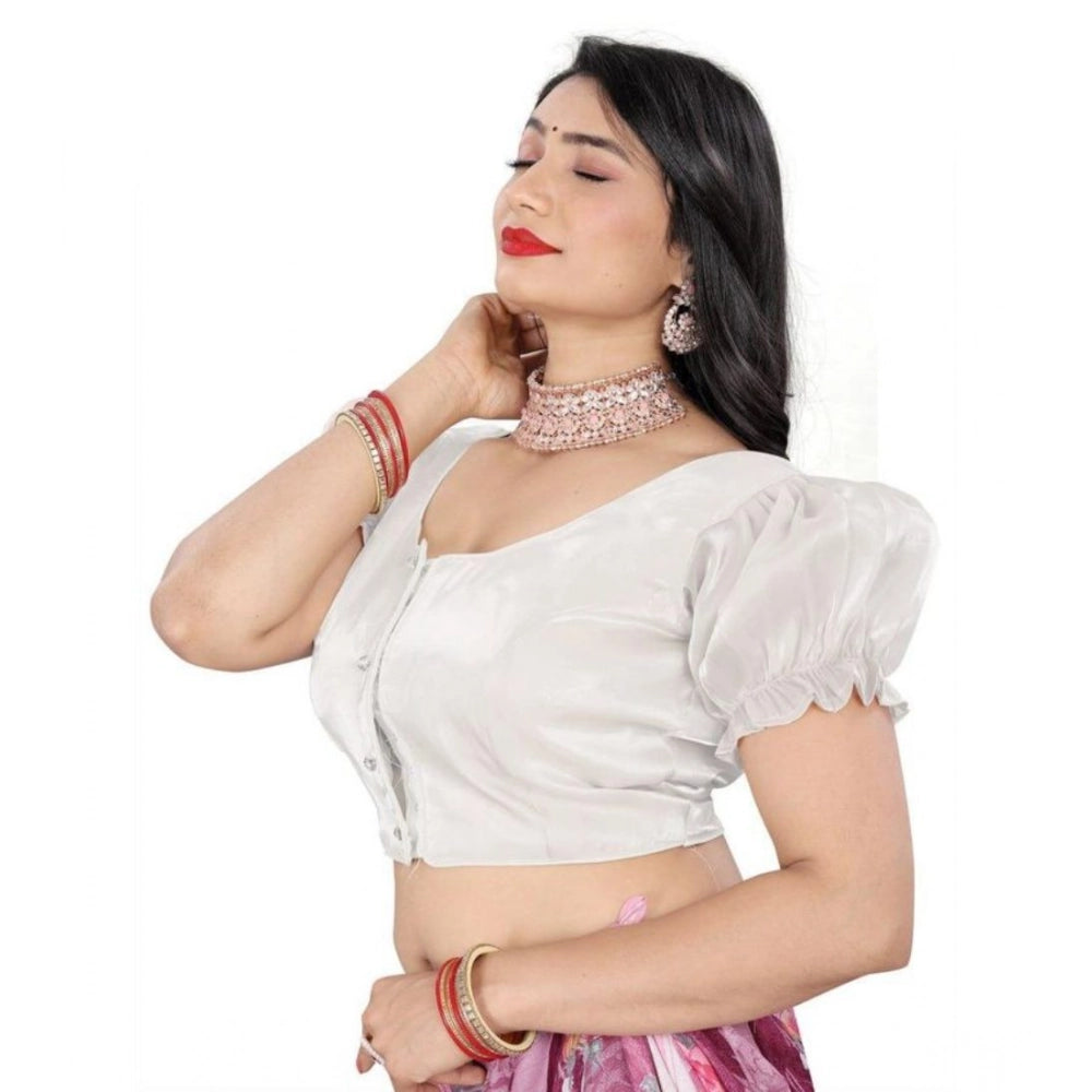 Women's Jimmy Solid Designer Neck Elastic Sleeve Readymade Blouse (White 38 , Alterable up to 42)-PID65836 - VANSHELLE