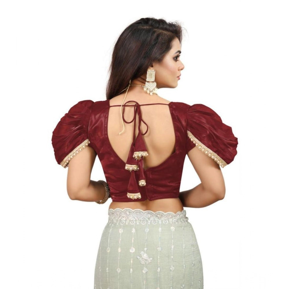 Women's Jimmy Solid V Neck Puff Sleeve Readymade Blouse (Maroon 38 , Alterable up to 42)-PID65840 - VANSHELLE