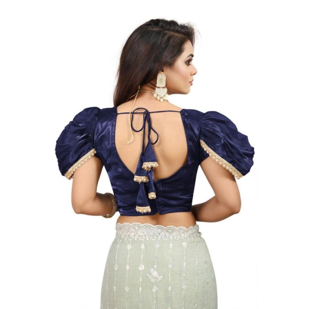 Women's Jimmy Solid V Neck Puff Sleeve Readymade Blouse (Navy 38 , Alterable up to 42)-PID65841 - VANSHELLE