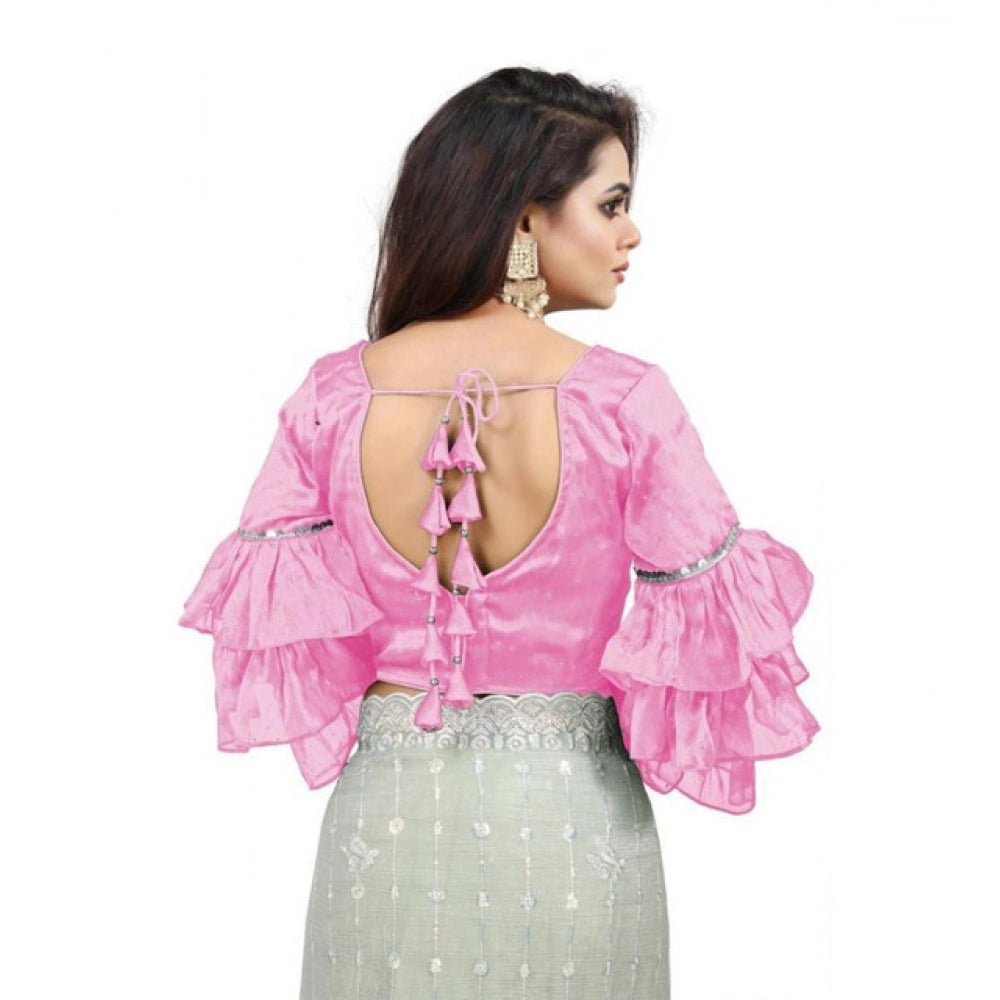 Women's Organza Solid V Neck Layered Ruffle Sleeve Readymade Blouse (Light_Pink Free Size , up to 38–40 Bust)-PID65846 - VANSHELLE
