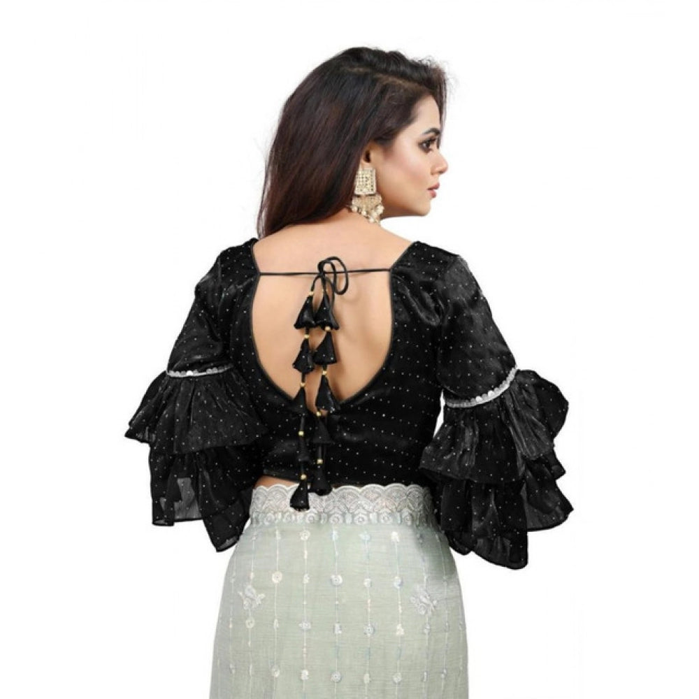 Women's Organza Solid V Neck Layered Ruffle Sleeve Readymade Blouse (Black Free Size , up to 38–40 Bust)-PID65848 - VANSHELLE