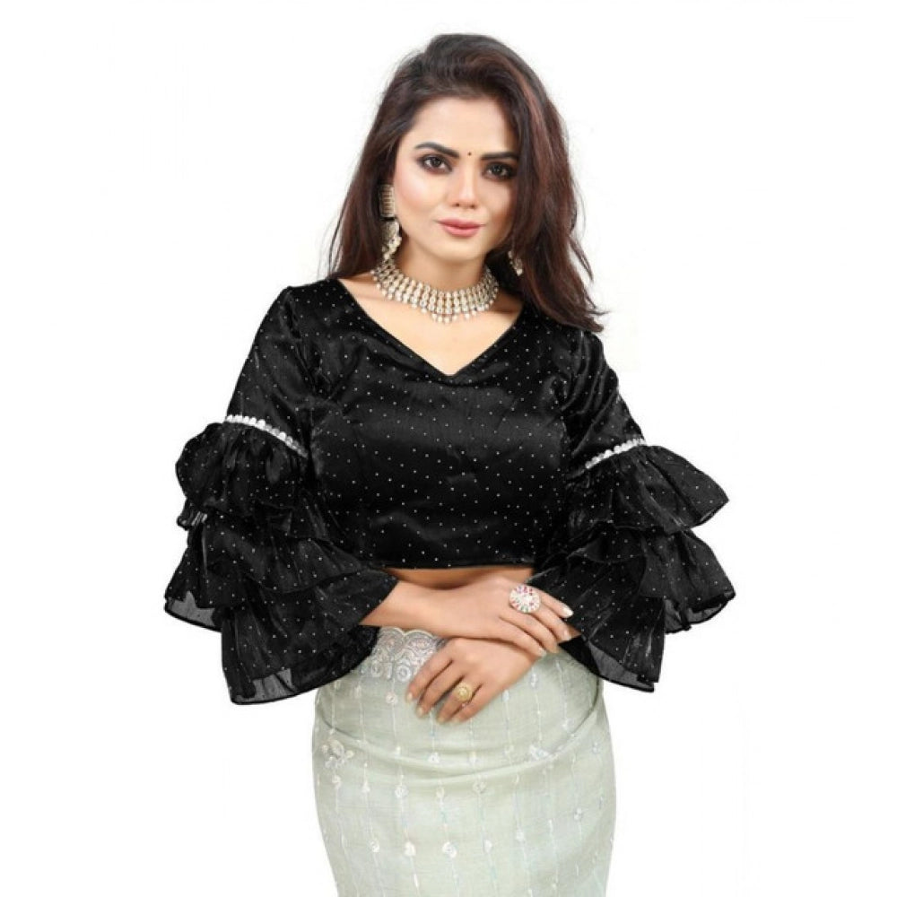Women's Organza Solid V Neck Layered Ruffle Sleeve Readymade Blouse (Black Free Size , up to 38–40 Bust)-PID65848 - VANSHELLE