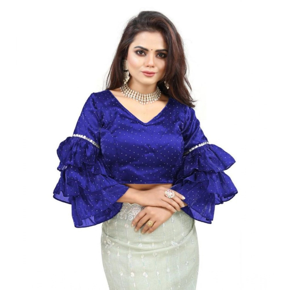 Women's Organza Solid V Neck Layered Ruffle Sleeve Readymade Blouse (Blue Free Size , up to 38–40 Bust)-PID65849 - VANSHELLE