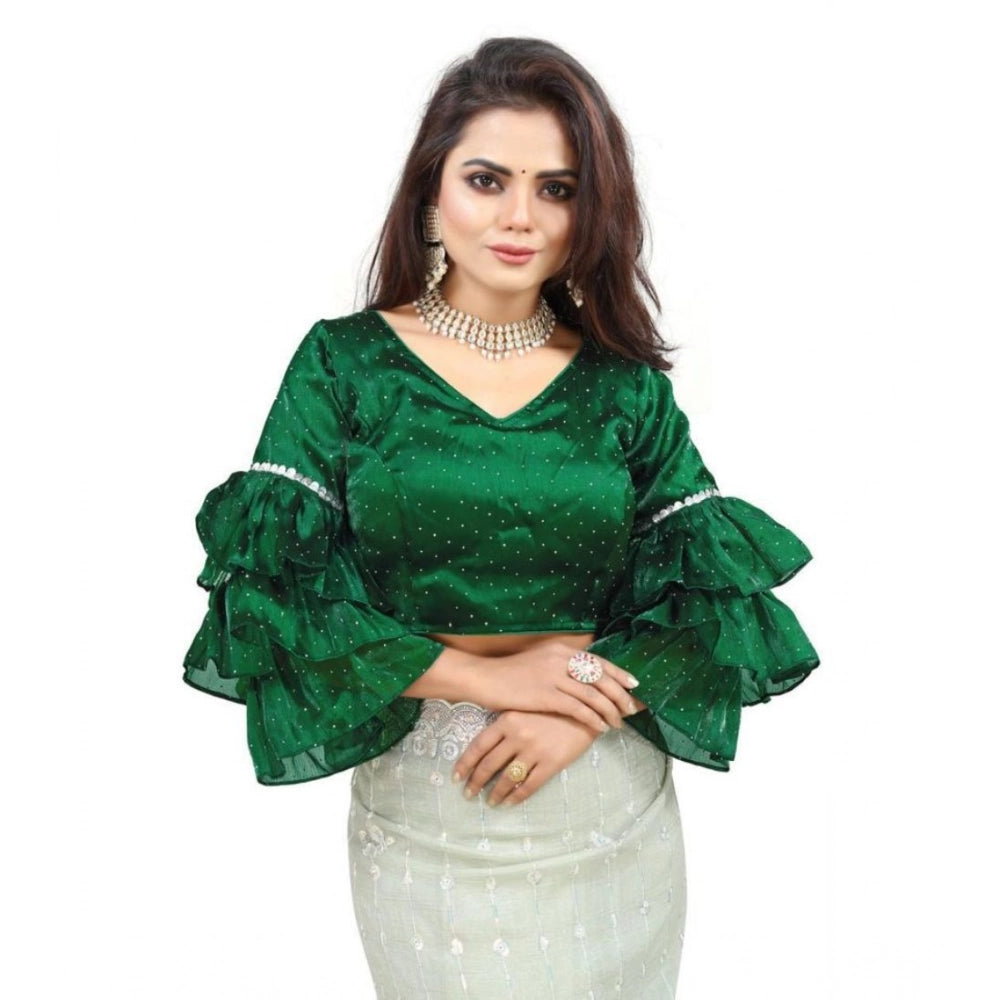 Women's Organza Solid V Neck Layered Ruffle Sleeve Readymade Blouse (Green Free Size , up to 38–40 Bust)-PID65850 - VANSHELLE