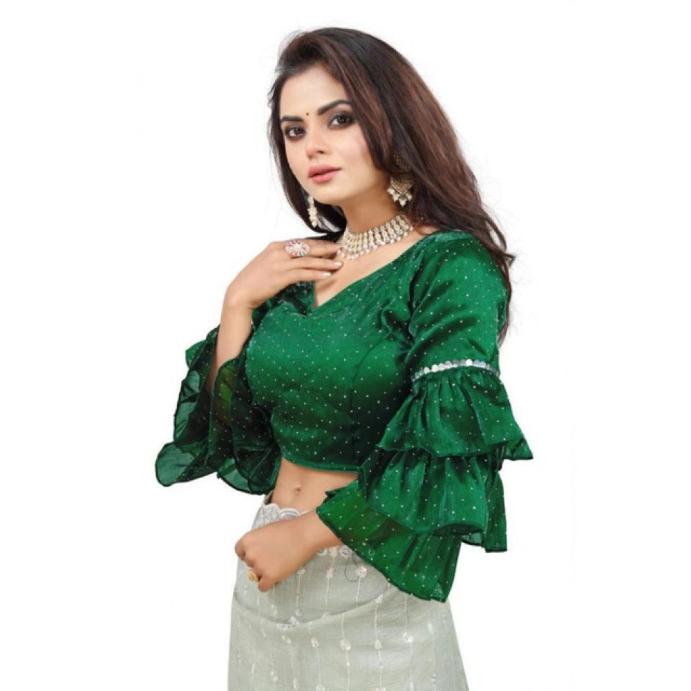 Women's Organza Solid V Neck Layered Ruffle Sleeve Readymade Blouse (Green Free Size , up to 38–40 Bust)-PID65850 - VANSHELLE