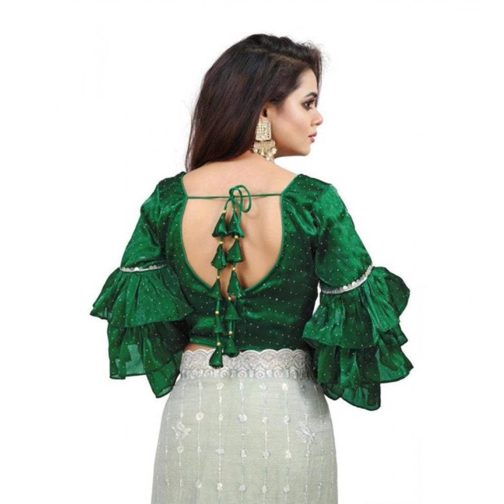 Women's Organza Solid V Neck Layered Ruffle Sleeve Readymade Blouse (Green Free Size , up to 38–40 Bust)-PID65850 - VANSHELLE