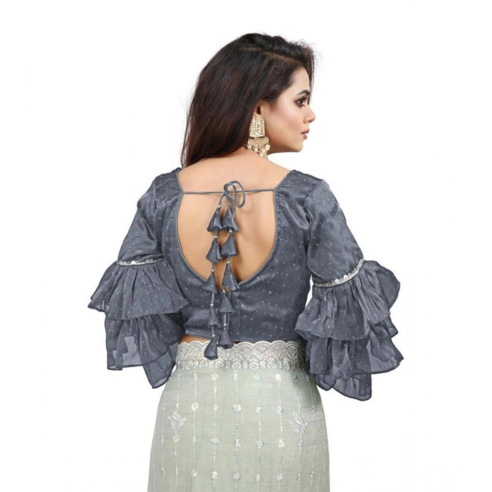 Women's Organza Solid V Neck Layered Ruffle Sleeve Readymade Blouse (Grey Free Size , up to 38–40 Bust)-PID65851 - VANSHELLE