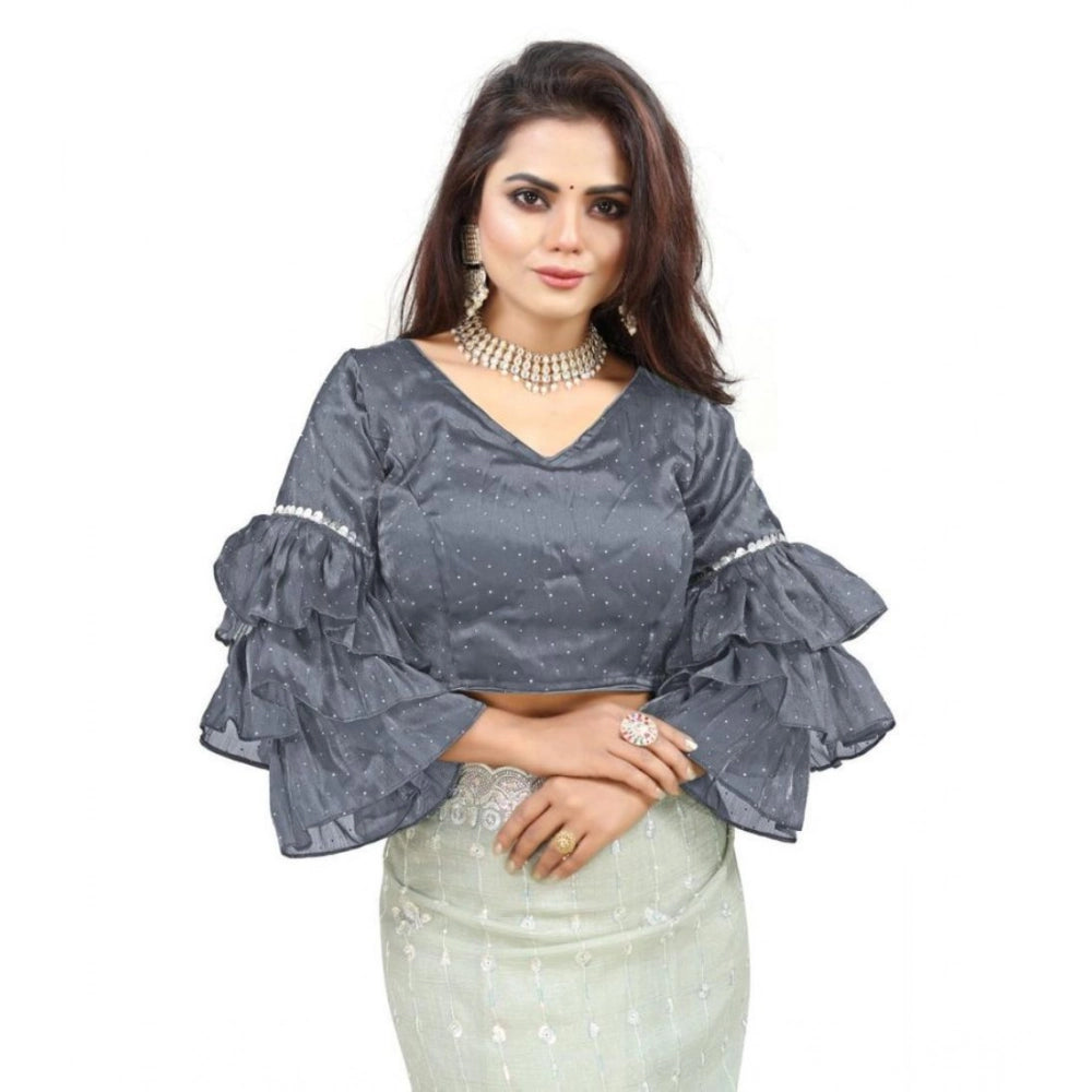 Women's Organza Solid V Neck Layered Ruffle Sleeve Readymade Blouse (Grey Free Size , up to 38–40 Bust)-PID65851 - VANSHELLE