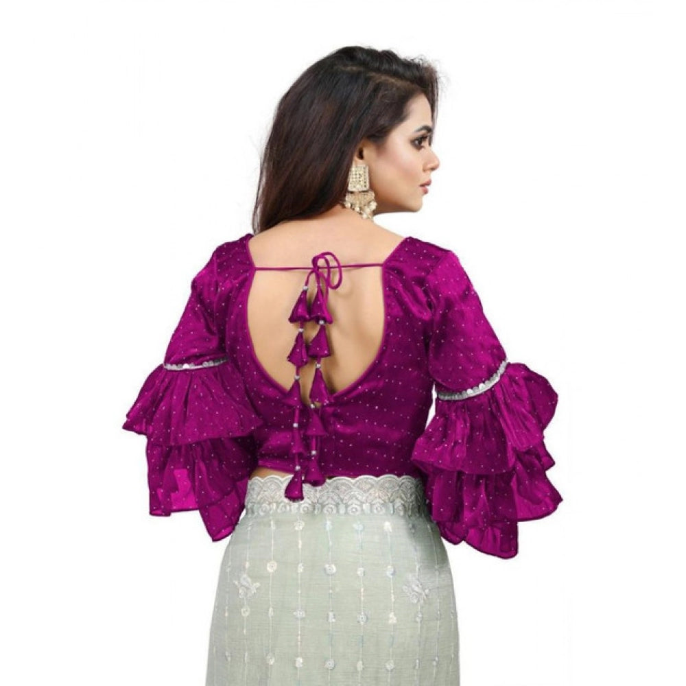 Women's Organza Solid V Neck Layered Ruffle Sleeve Readymade Blouse (Magenta Free Size , up to 38–40 Bust)-PID65853 - VANSHELLE