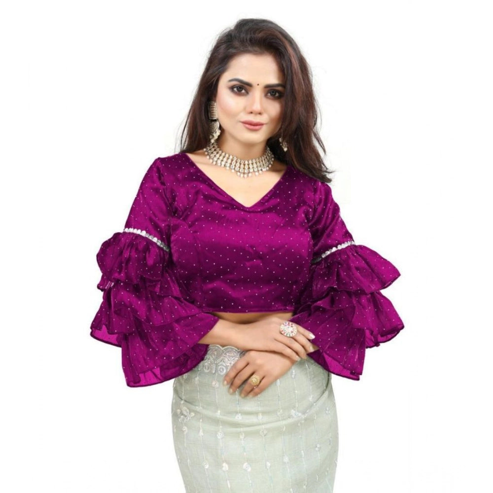 Women's Organza Solid V Neck Layered Ruffle Sleeve Readymade Blouse (Magenta Free Size , up to 38–40 Bust)-PID65853 - VANSHELLE