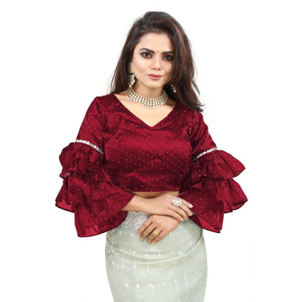 Women's Organza Solid V Neck Layered Ruffle Sleeve Readymade Blouse (Maroon Free Size , up to 38–40 Bust)-PID65854 - VANSHELLE