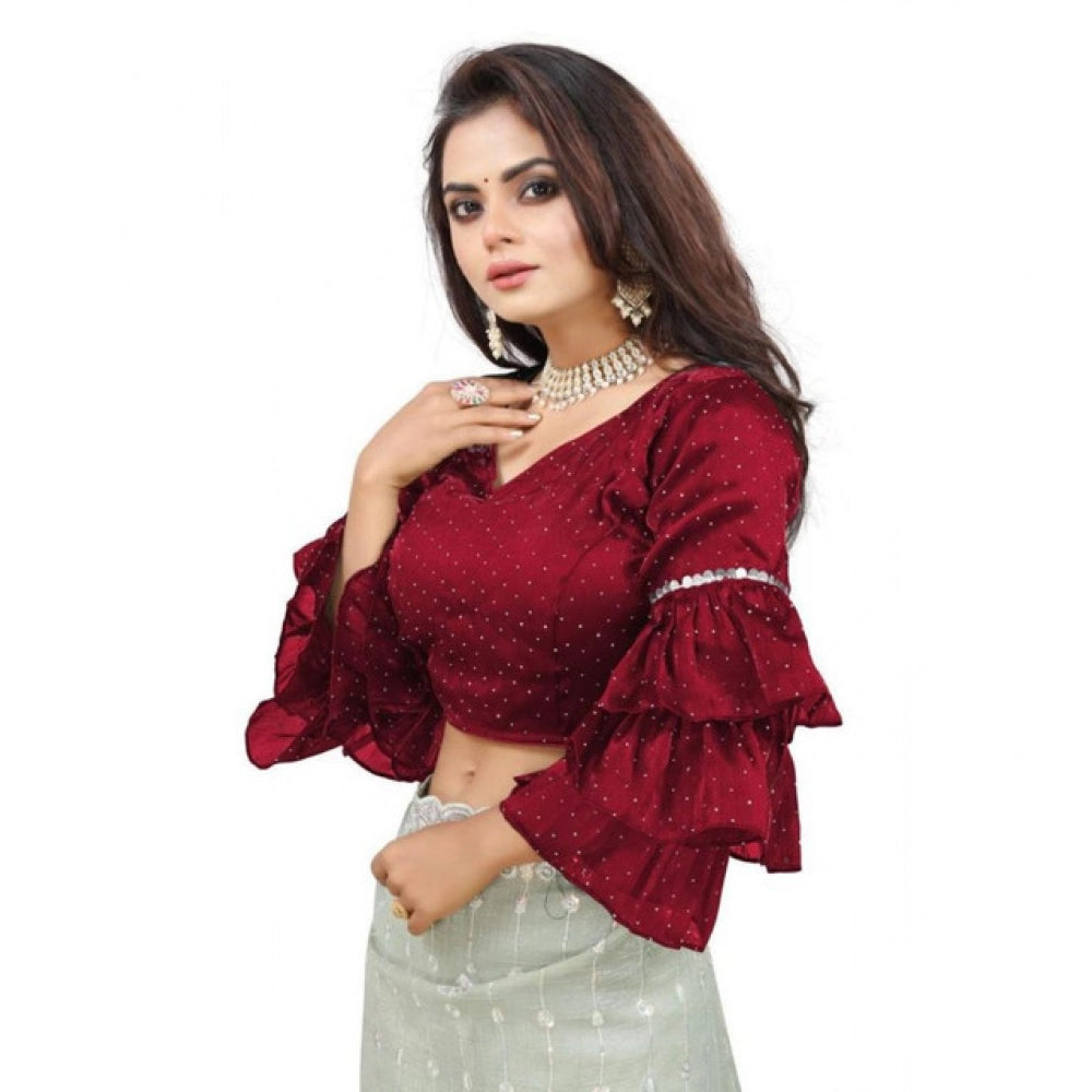 Women's Organza Solid V Neck Layered Ruffle Sleeve Readymade Blouse (Maroon Free Size , up to 38–40 Bust)-PID65854 - VANSHELLE