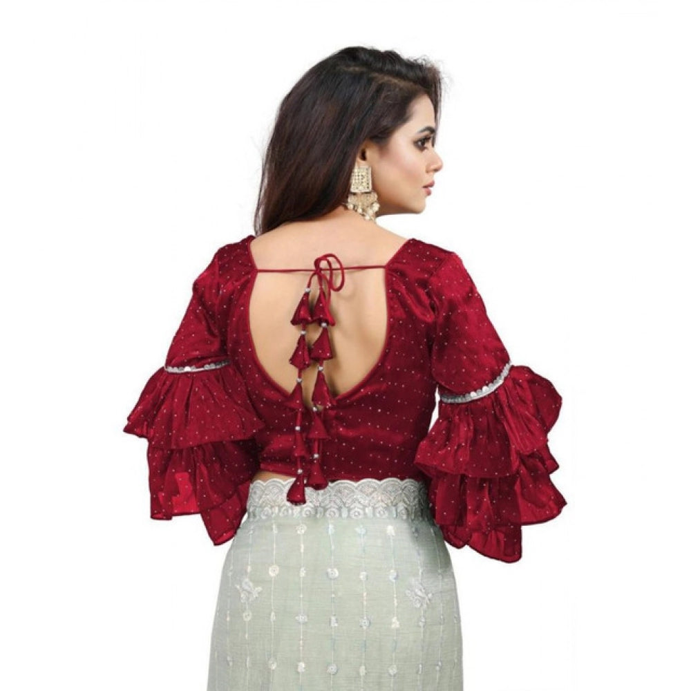 Women's Organza Solid V Neck Layered Ruffle Sleeve Readymade Blouse (Maroon Free Size , up to 38–40 Bust)-PID65854 - VANSHELLE