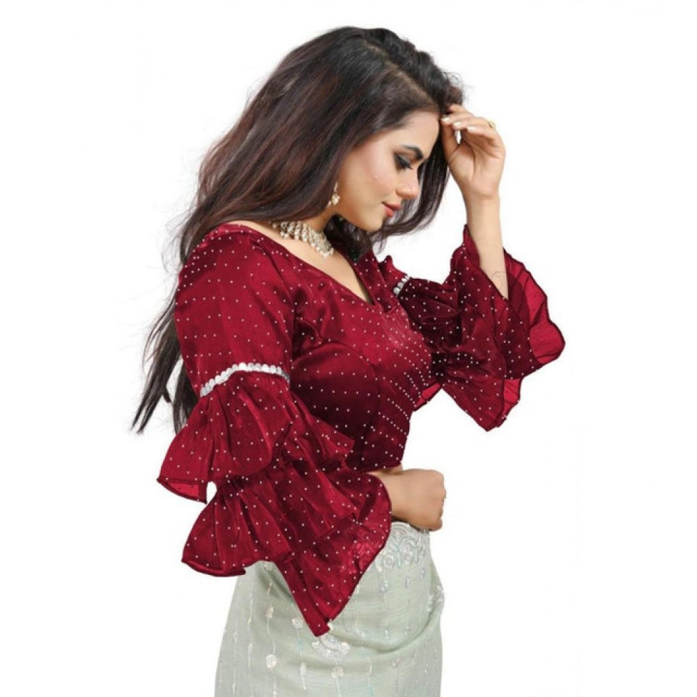 Women's Organza Solid V Neck Layered Ruffle Sleeve Readymade Blouse (Maroon Free Size , up to 38–40 Bust)-PID65854 - VANSHELLE