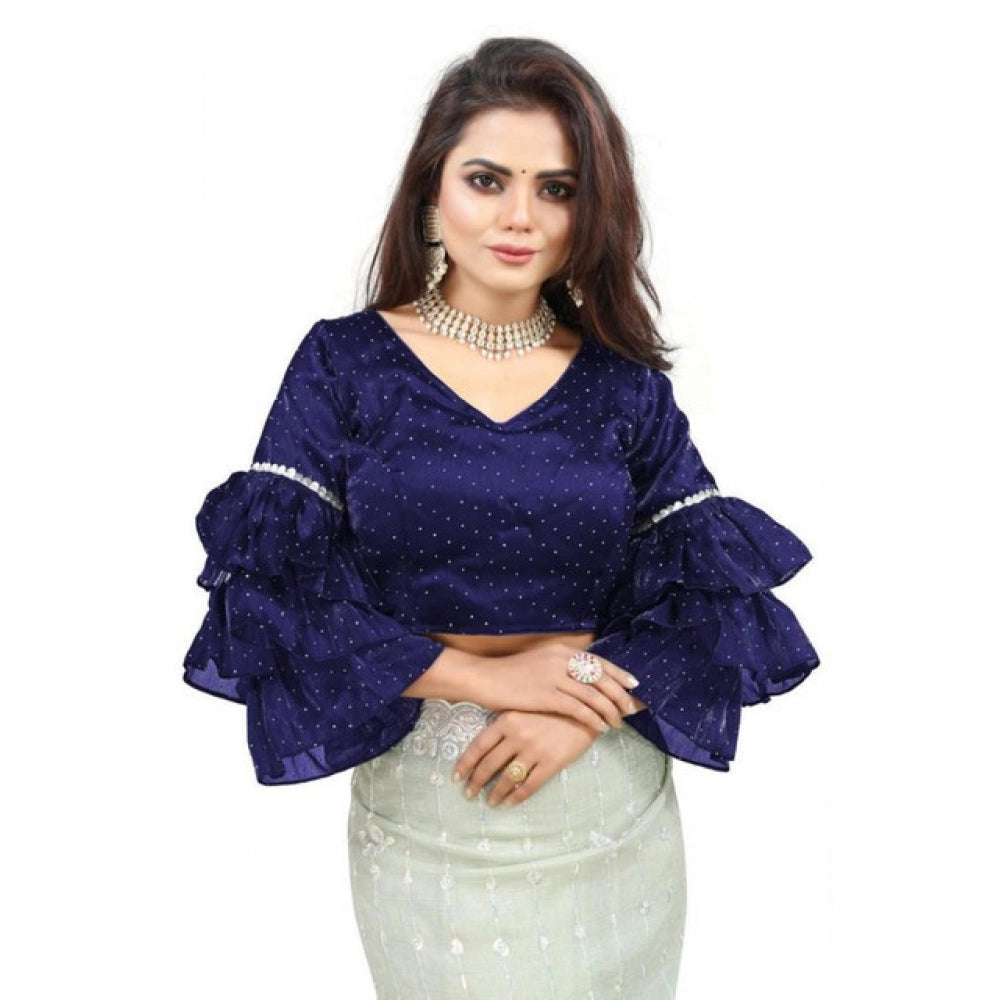 Women's Organza Solid V Neck Layered Ruffle Sleeve Readymade Blouse (Navy Free Size , up to 38–40 Bust)-PID65855 - VANSHELLE