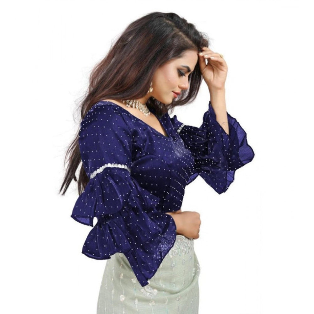 Women's Organza Solid V Neck Layered Ruffle Sleeve Readymade Blouse (Navy Free Size , up to 38–40 Bust)-PID65855 - VANSHELLE