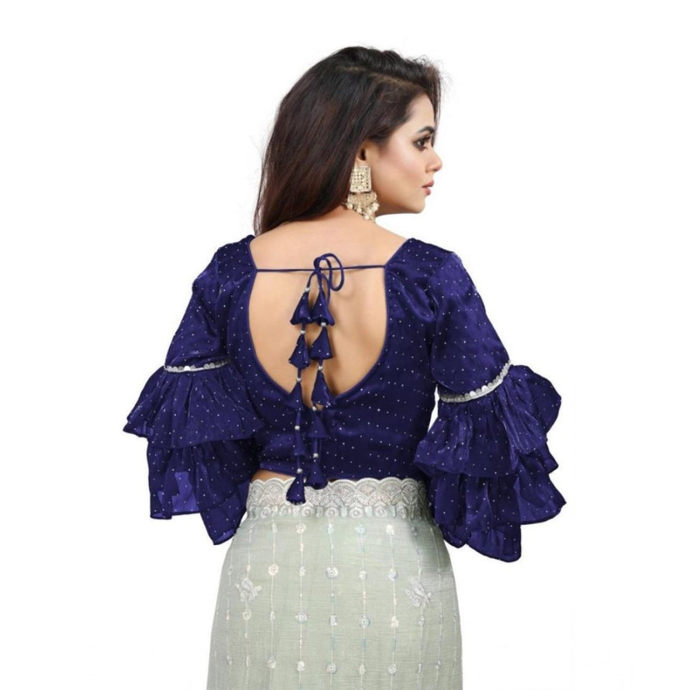 Women's Organza Solid V Neck Layered Ruffle Sleeve Readymade Blouse (Navy Free Size , up to 38–40 Bust)-PID65855 - VANSHELLE