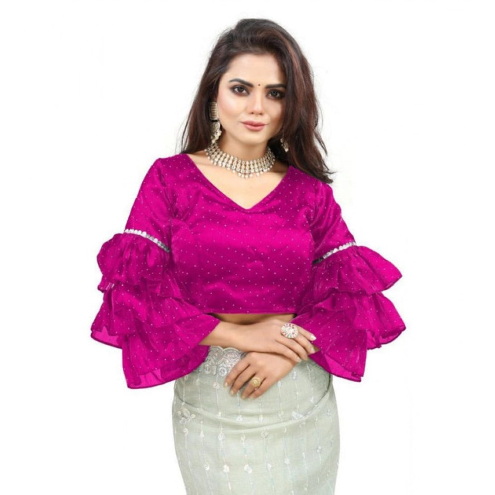 Women's Organza Solid V Neck Layered Ruffle Sleeve Readymade Blouse (Pink Free Size , up to 38–40 Bust)-PID65856 - VANSHELLE