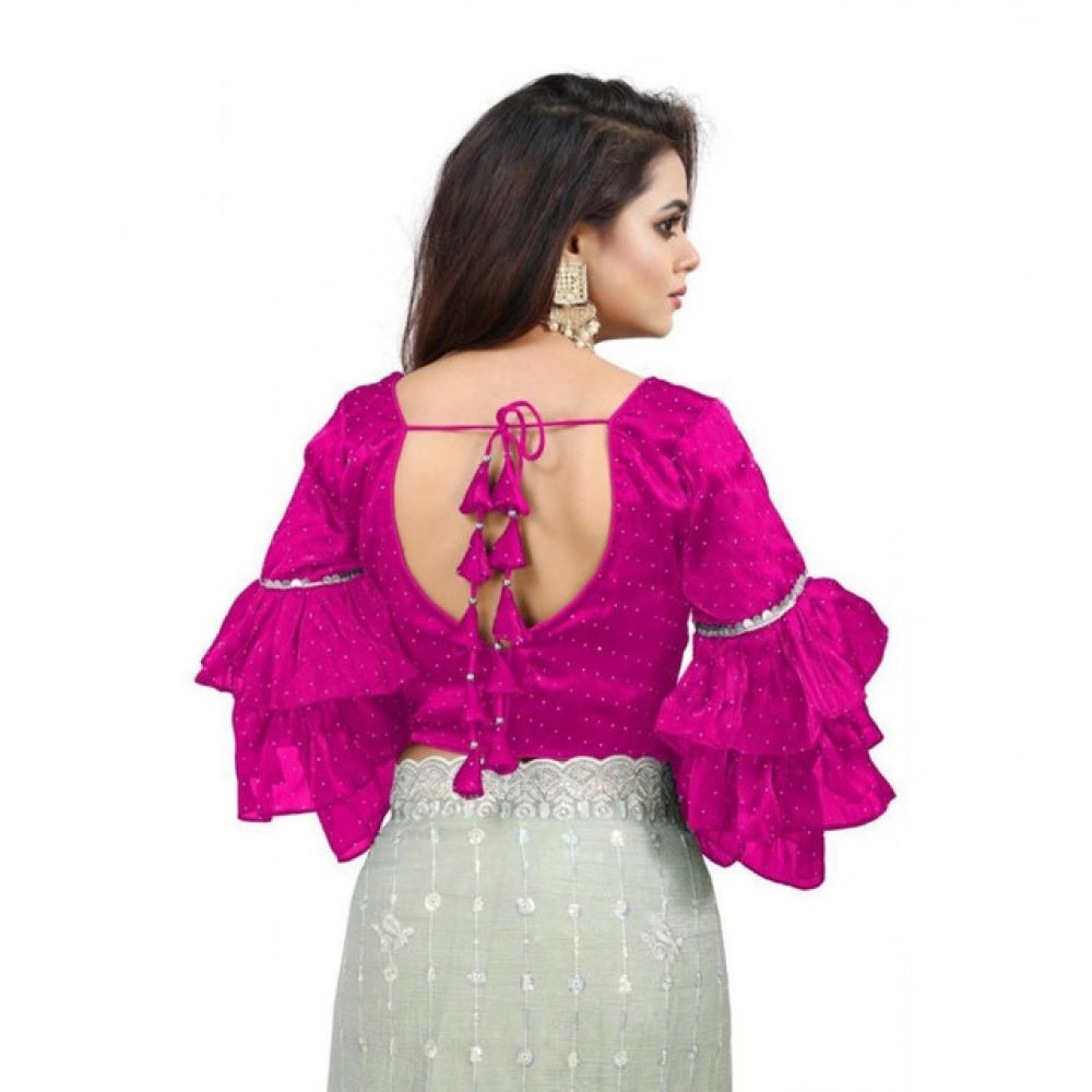 Women's Organza Solid V Neck Layered Ruffle Sleeve Readymade Blouse (Pink Free Size , up to 38–40 Bust)-PID65856 - VANSHELLE