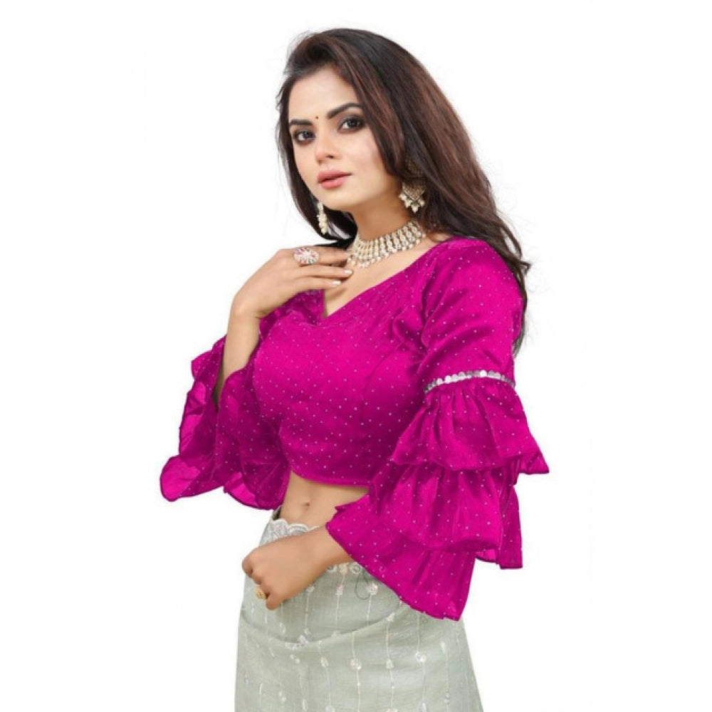 Women's Organza Solid V Neck Layered Ruffle Sleeve Readymade Blouse (Pink Free Size , up to 38–40 Bust)-PID65856 - VANSHELLE