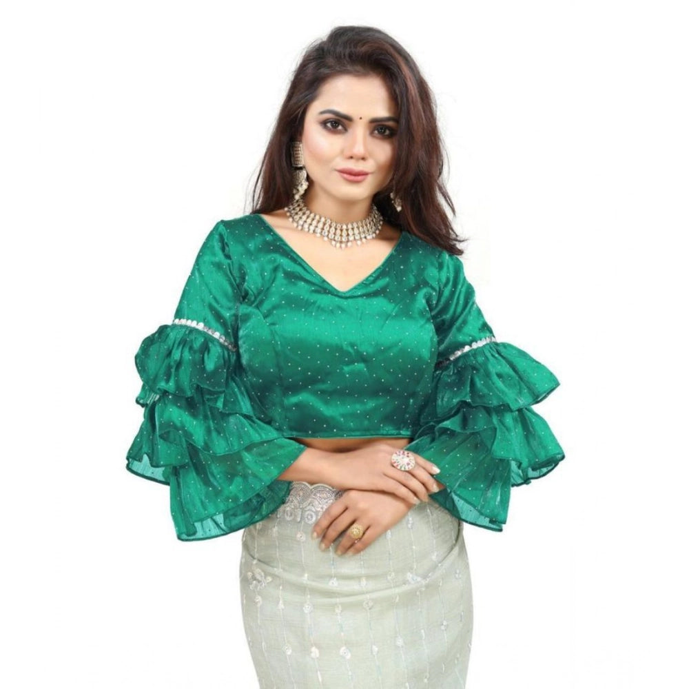 Women's Organza Solid V Neck Layered Ruffle Sleeve Readymade Blouse (Rama Free Size , up to 38–40 Bust)-PID65857 - VANSHELLE
