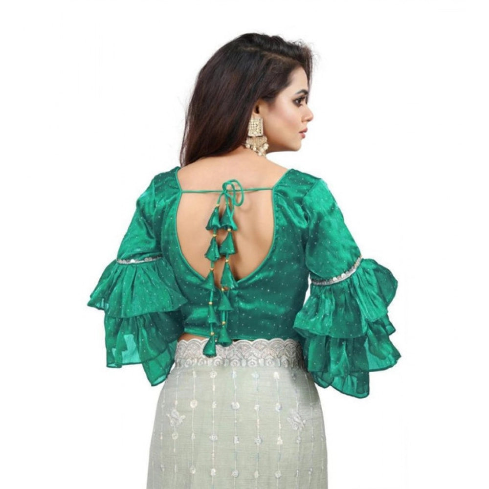 Women's Organza Solid V Neck Layered Ruffle Sleeve Readymade Blouse (Rama Free Size , up to 38–40 Bust)-PID65857 - VANSHELLE