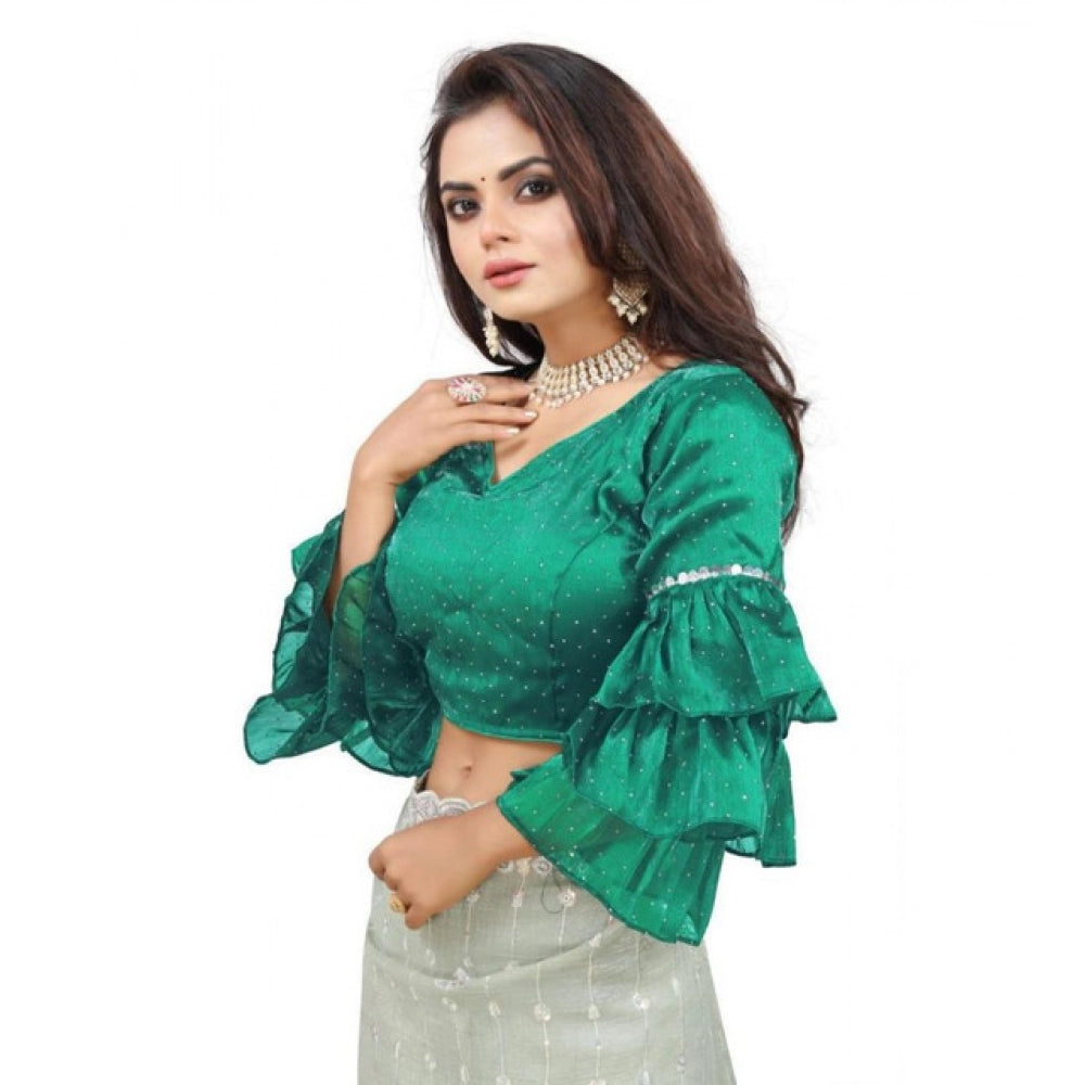 Women's Organza Solid V Neck Layered Ruffle Sleeve Readymade Blouse (Rama Free Size , up to 38–40 Bust)-PID65857 - VANSHELLE