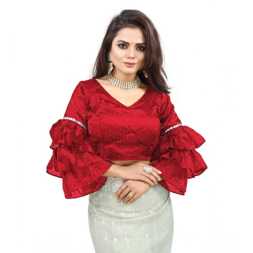 Women's Organza Solid V Neck Layered Ruffle Sleeve Readymade Blouse (Red Free Size , up to 38–40 Bust)-PID65858 - VANSHELLE