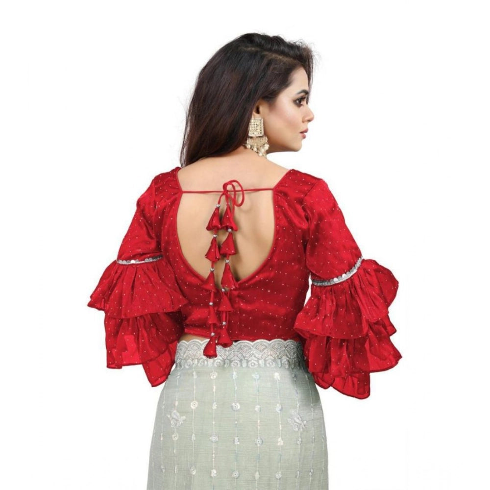 Women's Organza Solid V Neck Layered Ruffle Sleeve Readymade Blouse (Red Free Size , up to 38–40 Bust)-PID65858 - VANSHELLE