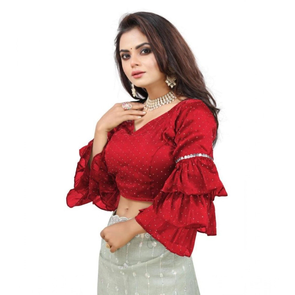 Women's Organza Solid V Neck Layered Ruffle Sleeve Readymade Blouse (Red Free Size , up to 38–40 Bust)-PID65858 - VANSHELLE
