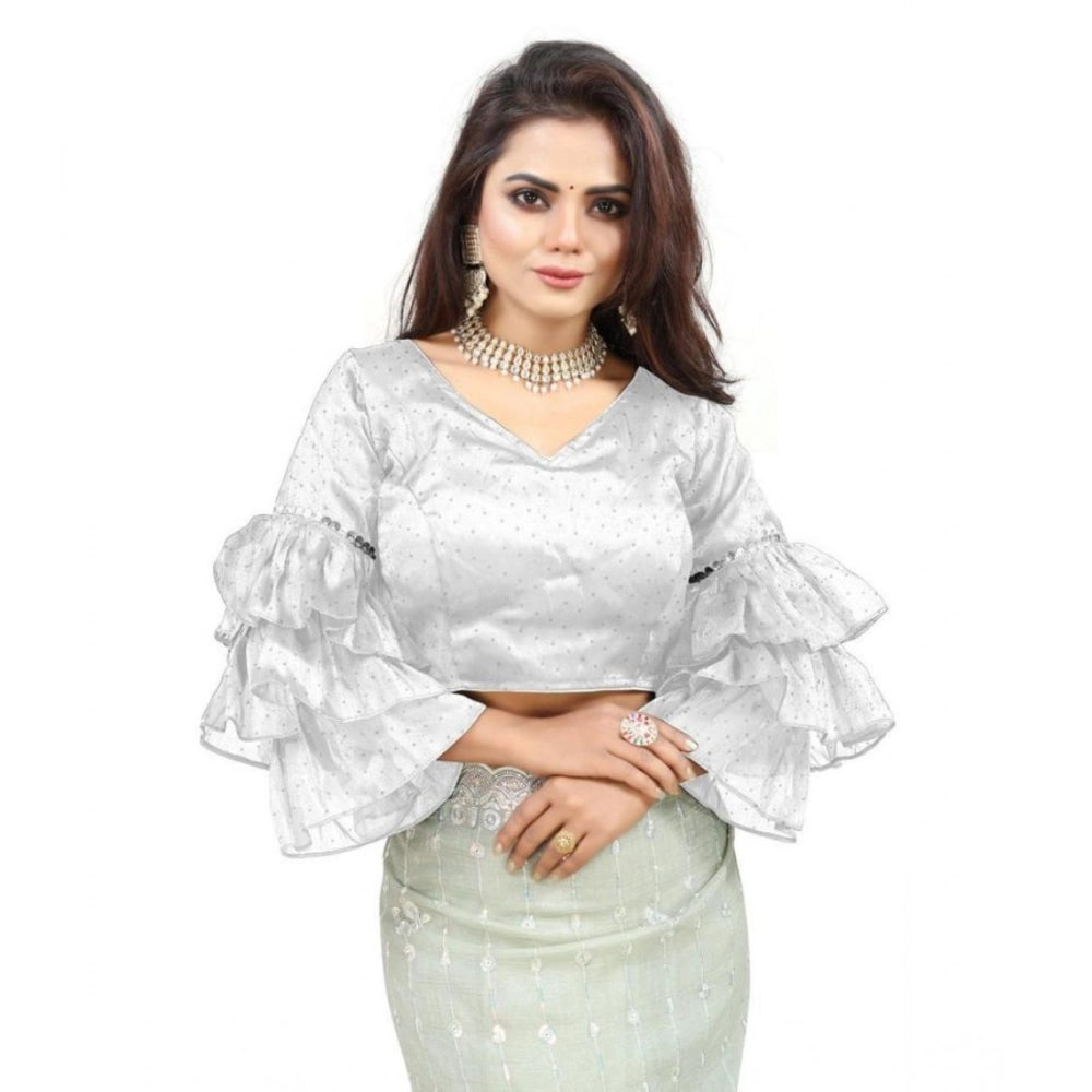 Women's Organza Solid V Neck Layered Ruffle Sleeve Readymade Blouse (White Free Size , up to 38–40 Bust)-PID65859 - VANSHELLE
