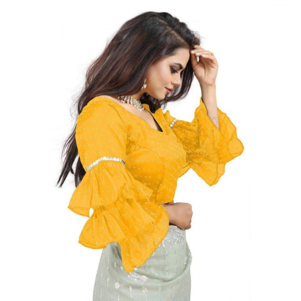 Women's Organza Solid V Neck Layered Ruffle Sleeve Readymade Blouse (Yellow Free Size , up to 38–40 Bust)-PID65860 - VANSHELLE