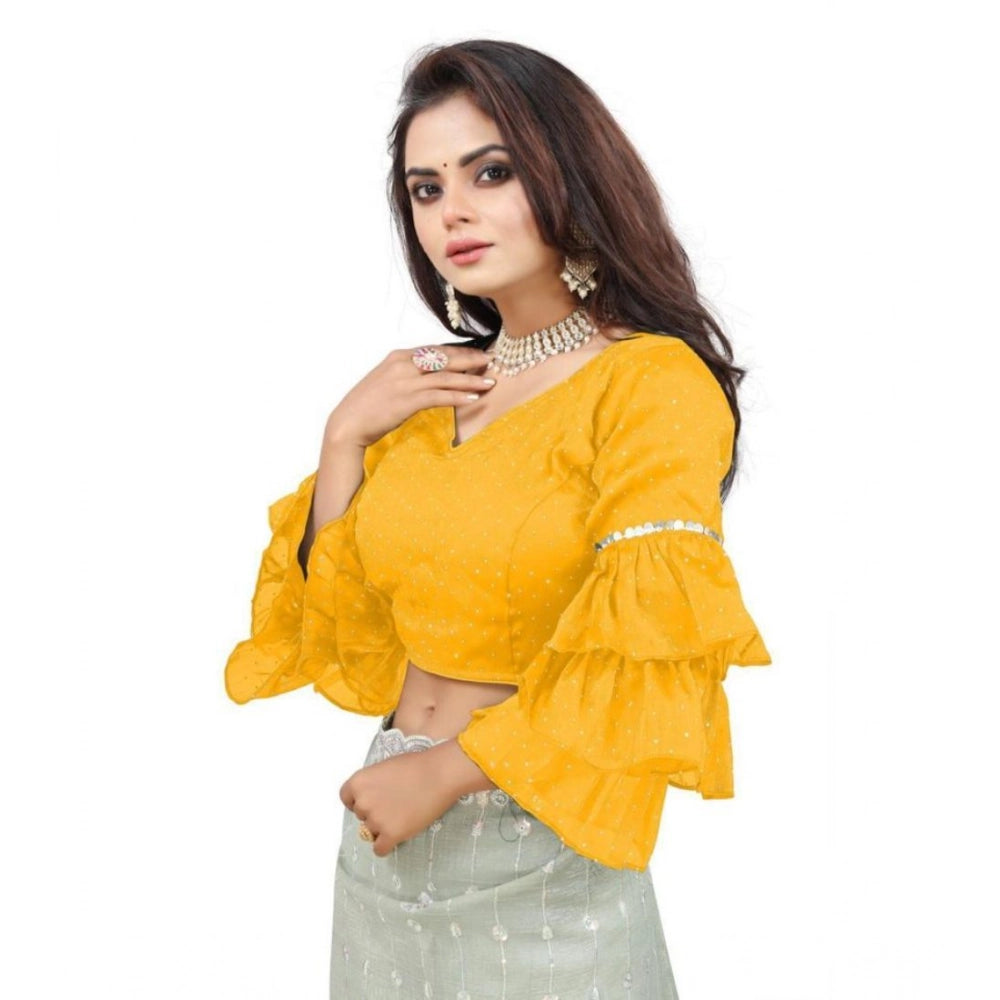 Women's Organza Solid V Neck Layered Ruffle Sleeve Readymade Blouse (Yellow Free Size , up to 38–40 Bust)-PID65860 - VANSHELLE