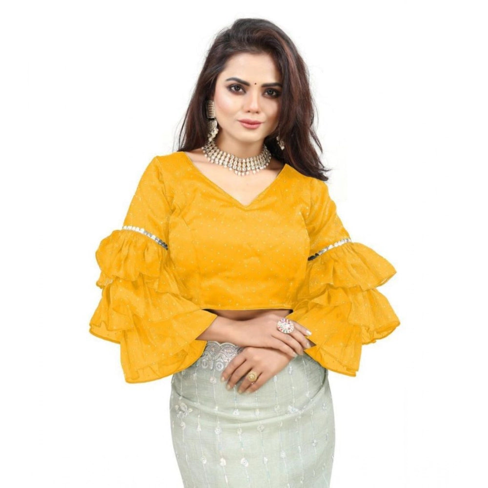 Women's Organza Solid V Neck Layered Ruffle Sleeve Readymade Blouse (Yellow Free Size , up to 38–40 Bust)-PID65860 - VANSHELLE