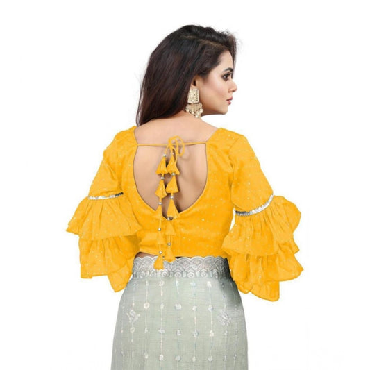 Women's Organza Solid V Neck Layered Ruffle Sleeve Readymade Blouse (Yellow Free Size , up to 38–40 Bust)-PID65860 - VANSHELLE