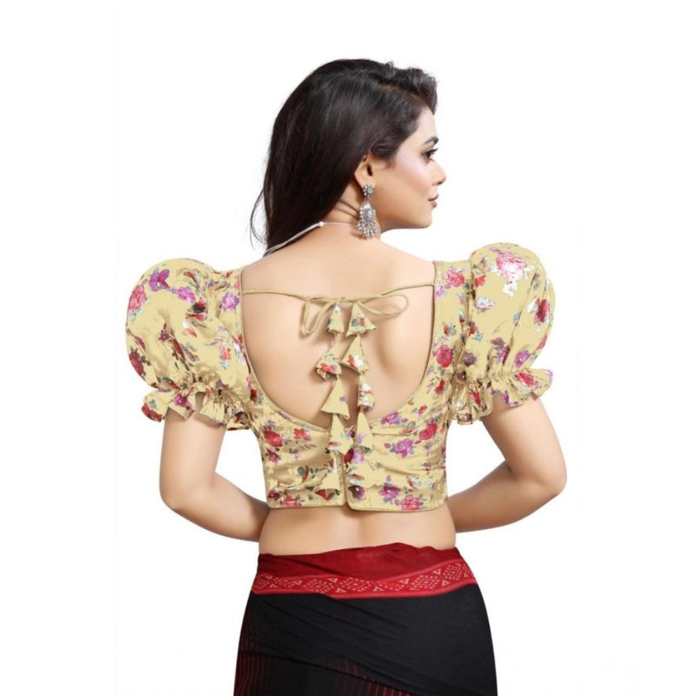 Women's Organza Printed V Neck Puff Sleeve Readymade Blouse (Beige 38 , Alterable up to 42)-PID65861 - VANSHELLE