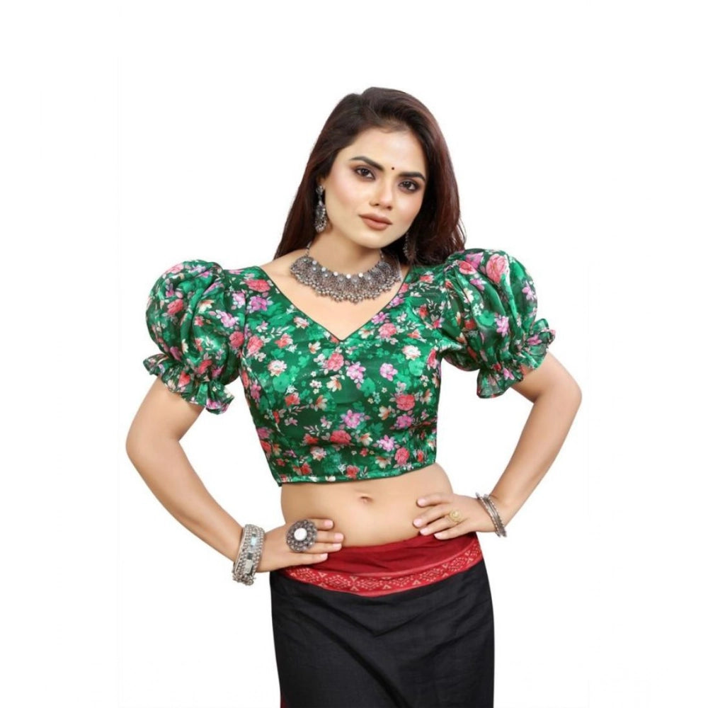 Women's Organza Printed V Neck Puff Sleeve Readymade Blouse (Green 38 , Alterable up to 42)-PID65863 - VANSHELLE