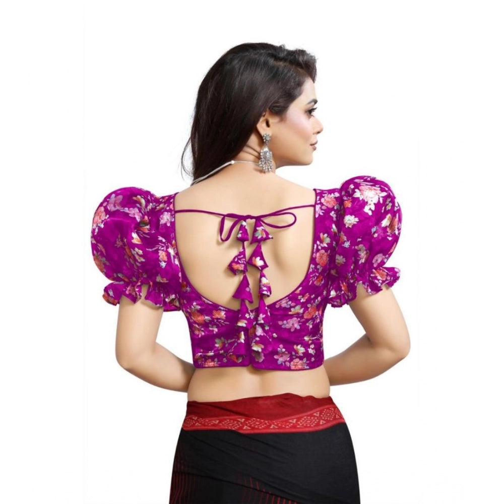 Women's Organza Printed V Neck Puff Sleeve Readymade Blouse (Light_Purple 38 , Alterable up to 42)-PID65865 - VANSHELLE