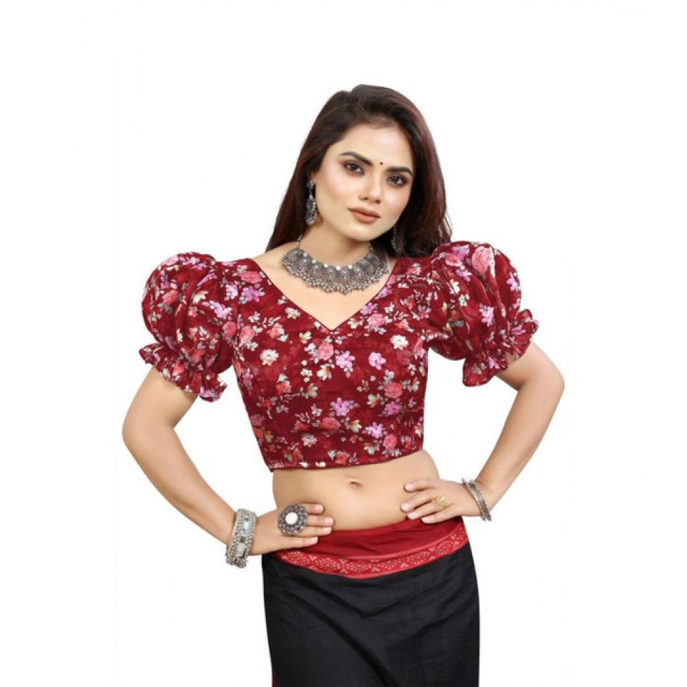 Women's Organza Printed V Neck Puff Sleeve Readymade Blouse (Maroon 38 , Alterable up to 42)-PID65866 - VANSHELLE