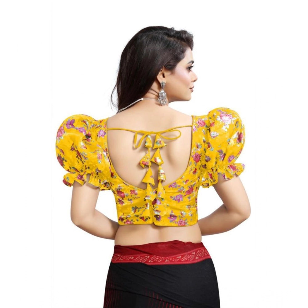 Women's Organza Printed V Neck Puff Sleeve Readymade Blouse (Mustard 38 , Alterable up to 42)-PID65867 - VANSHELLE