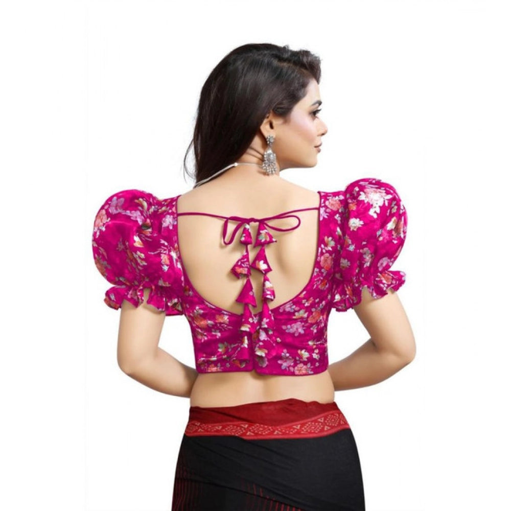 Women's Organza Printed V Neck Puff Sleeve Readymade Blouse (Pink 38 , Alterable up to 42)-PID65869 - VANSHELLE
