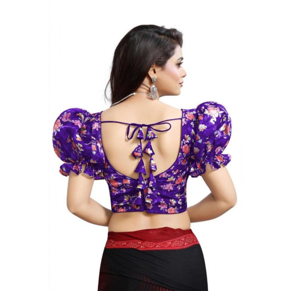 Women's Organza Printed V Neck Puff Sleeve Readymade Blouse (Purple 38 , Alterable up to 42)-PID65870 - VANSHELLE