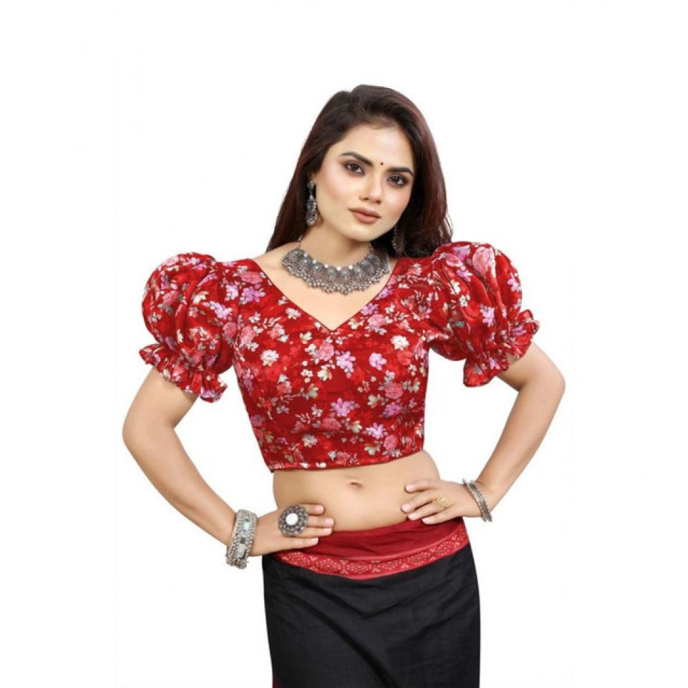 Women's Organza Printed V Neck Puff Sleeve Readymade Blouse (Red 38 , Alterable up to 42)-PID65871 - VANSHELLE