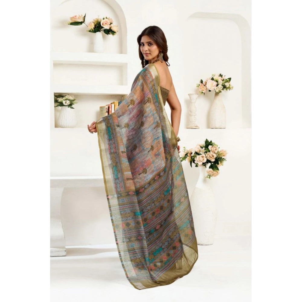 Women's Faux Linen Printed Ready to wear Saree With Unstitched Blouse 5.5Mtr (Multicolor) - VANSHELLE