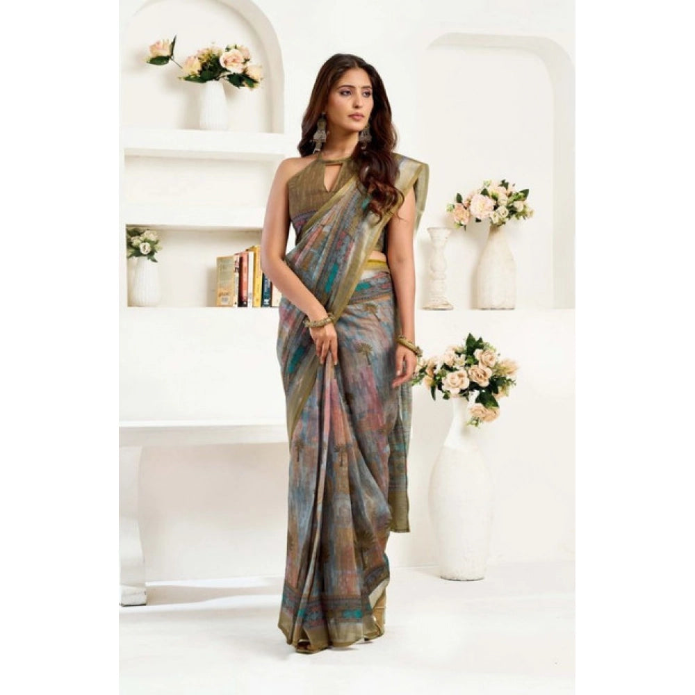 Women's Faux Linen Printed Ready to wear Saree With Unstitched Blouse 5.5Mtr (Multicolor) - VANSHELLE