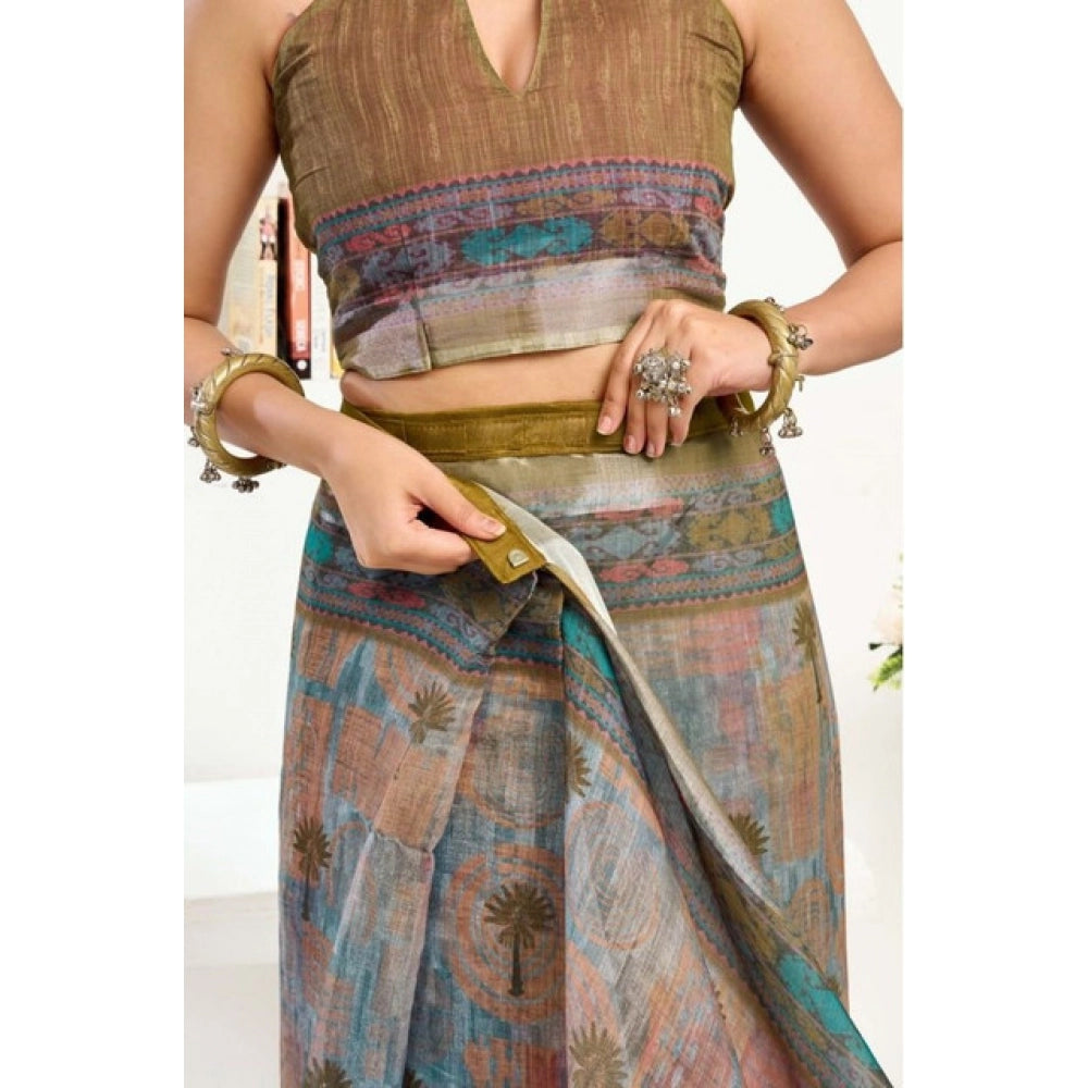 Women's Faux Linen Printed Ready to wear Saree With Unstitched Blouse 5.5Mtr (Multicolor) - VANSHELLE