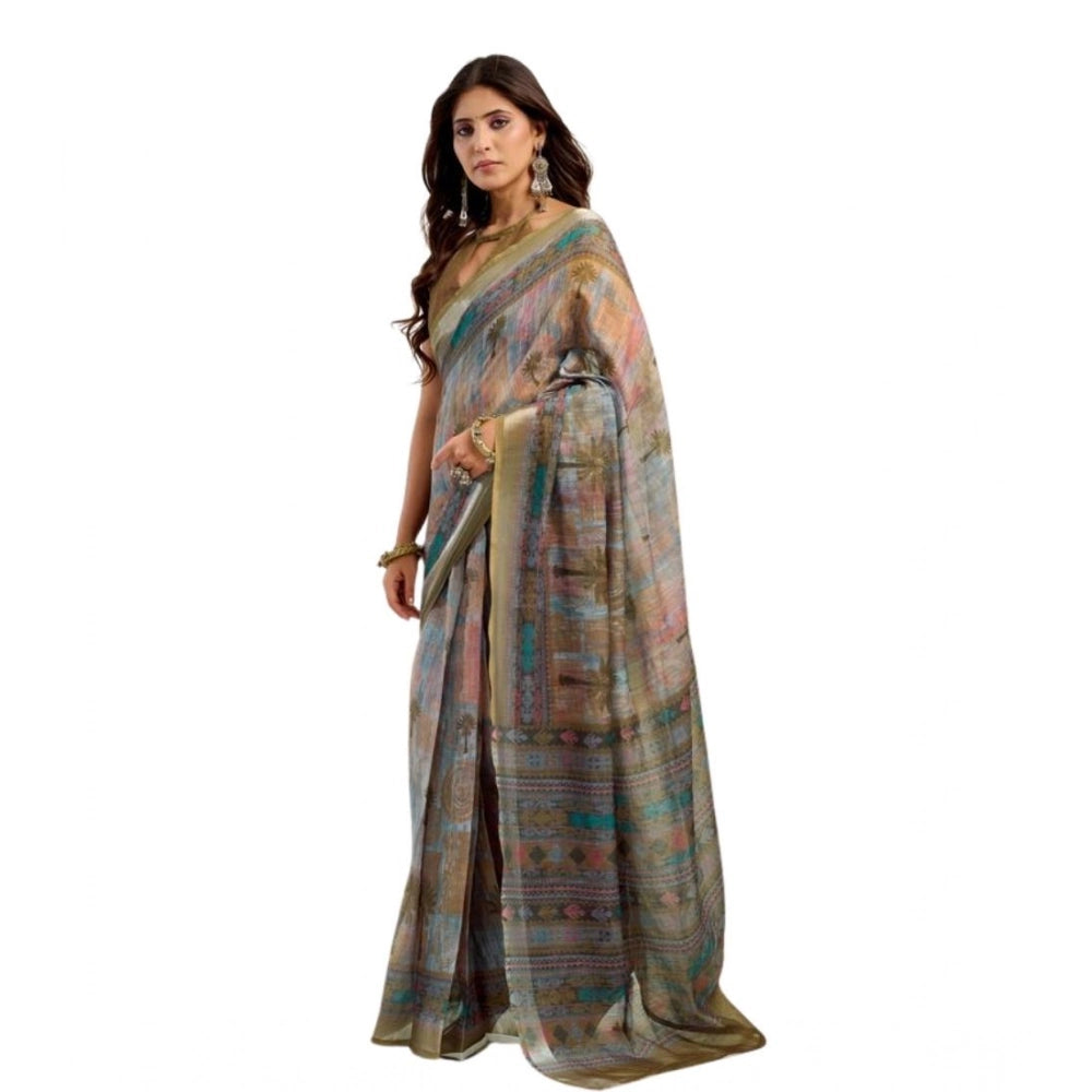 Women's Faux Linen Printed Ready to wear Saree With Unstitched Blouse 5.5Mtr (Multicolor) - VANSHELLE