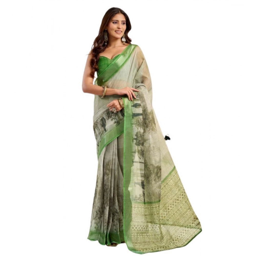 Women's Faux Linen Printed Ready to wear Saree With Unstitched Blouse 5.5Mtr (Light_Green) - VANSHELLE