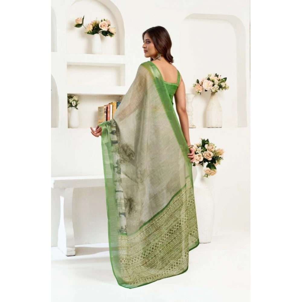 Women's Faux Linen Printed Ready to wear Saree With Unstitched Blouse 5.5Mtr (Light_Green) - VANSHELLE